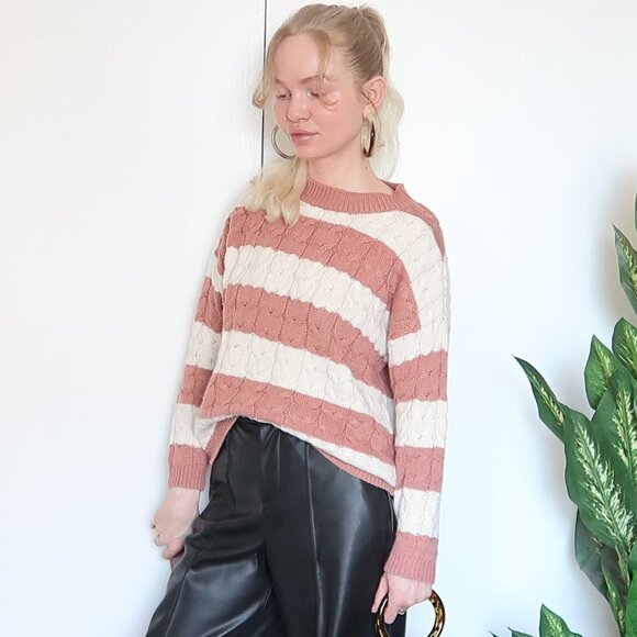 Mango Peach & White Cable Knit Chunky Sweater - Picture 3 of 13